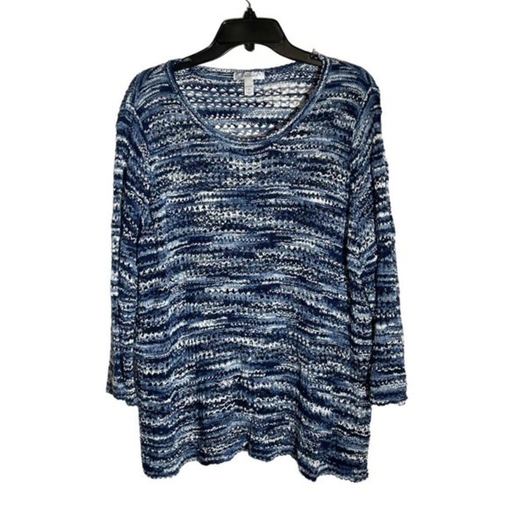 Dressbarn Crochet Knit Sweater Scoopneck Blue Ombre 3/4 Sleeve Open Knit Size 3X